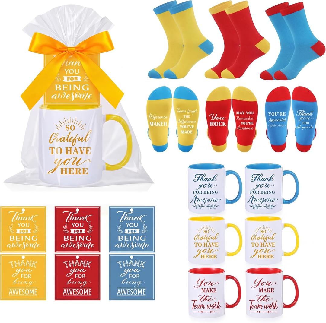 Capoda 6 Sets Employee Appreciation Gifts Bulk Inspirational Thank You Staff Mug Gift Set 12 oz Staff Inspirational Mugs Socks Thank You Tags Ribbons Cellophane Bags for Team Teacher Coworker