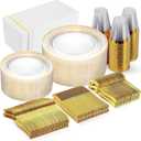 GATHER 350PCS Clear Gold Plastic Plates - Disposable Gold Dinnerware Sets Includes 100 Gold Rim Plastic Plates, 150 Silverware, 50 Napkins, 50 Cups for Party, Wedding & Christmas
