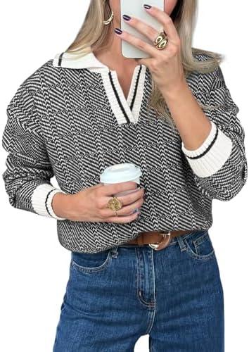 Saodimallsu Womens Fall Sweaters Tops Lapel V Neck Knit Sweater Color Block Long Sleeve Casual Soft Pullover Shirt