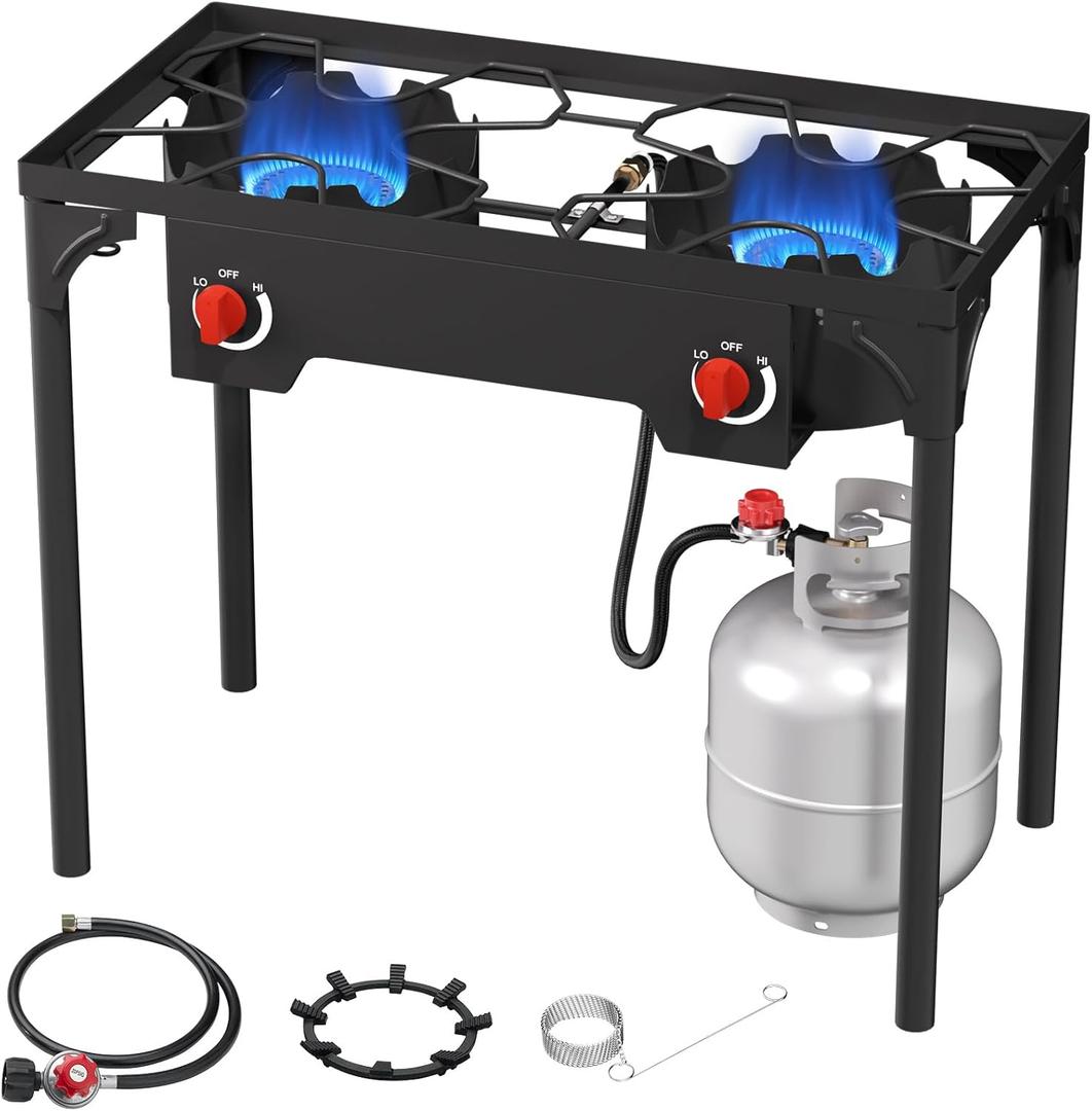 2 Burner Gas Stove, High Pressure Outdoor Propane Burner with Detachable Legs, 150,000 BTU Camping Stove Outdoor Burner with 0-20 PSI Regulator for Camping, Backyard, Outdoor Cooking