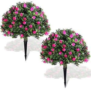 Yunlly Set of 2 Artificial Boxwood Topiary Ball Tree Fake Bushes Shrubs Outdoor Faux Plant with Ground Spike Flowers UV Resistance Greenery for Front Porch Garden Patio Indoor(Purple,27x18inch)