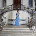 Alex Evenings Women's Long Cold Shoulder Dress, Mother of The Bride, Formal Events, Dusty Blue Glitter, 10 Petite (Blue)