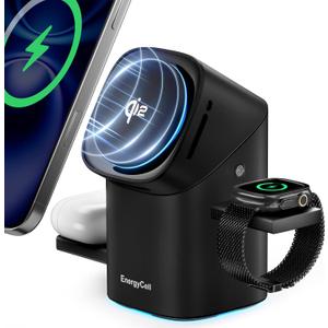 Rotating Wireless Charger, Qi2 Certified 2X Faster 15W for iPhone Charging Station 16/15/14/13/12, Apple Watch, AirPods, 3 in 1 Charging Station Apple Magnetic with Heat Dissipation, Black