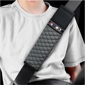 Ziciner 2PCS Leather Seat Belt Cover, Sparkling Rhinestone Seat Belt Covers for Women, Soft Harness Pads Strap Helps Protect Your Neck & Shoulder, Auto Interior Accessories for Adult Kid (Gray)
