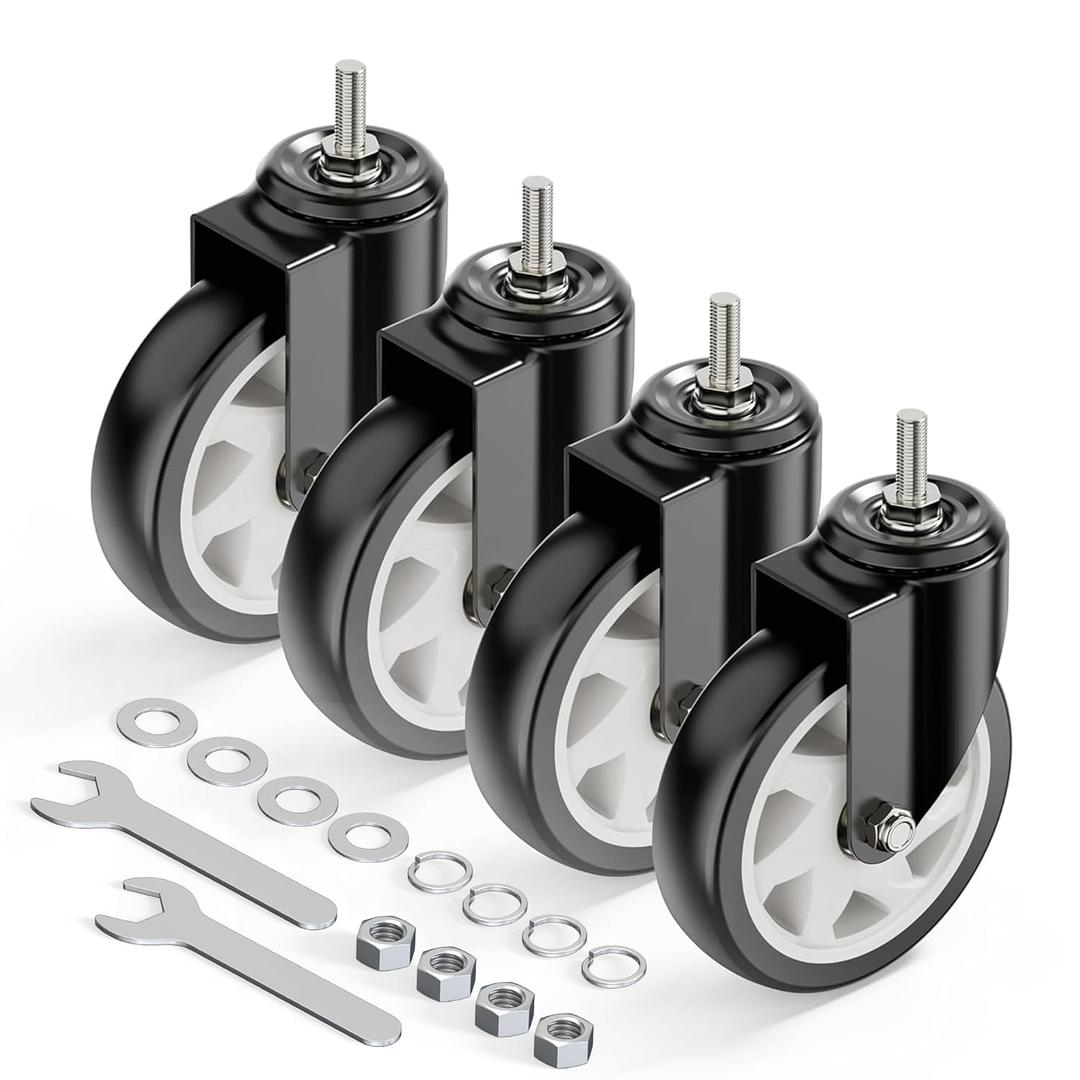 HOLKIE Caster Wheels 5 inch with No Brake Stem Casters, 3/8" -16 x 1 (Stem Diameter 3/8", Stem Length 1") Threaded Swivel Casters Set of 4 Heavy Duty Castors Black