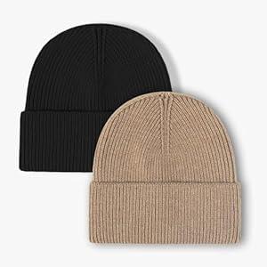 ZOORON 1&2 Unisex Thick Knitted Beanie for Men Women Cuffed Plain Hat Winter Slouchy Ski Beanies Black/ Khaki