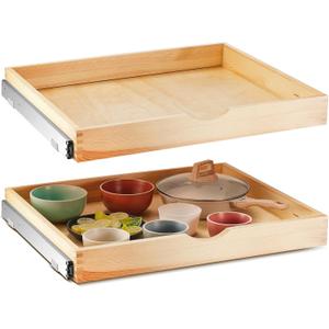 Set of 2 Pull out Tray Cabinet Organizer Wooden Pull Drawers storage Slide out Pantry Shelf for Base Cabinet Kitchen Gentle Close Fully Assembled Accessories (Wood Color, 27'' X 21'' X 3")