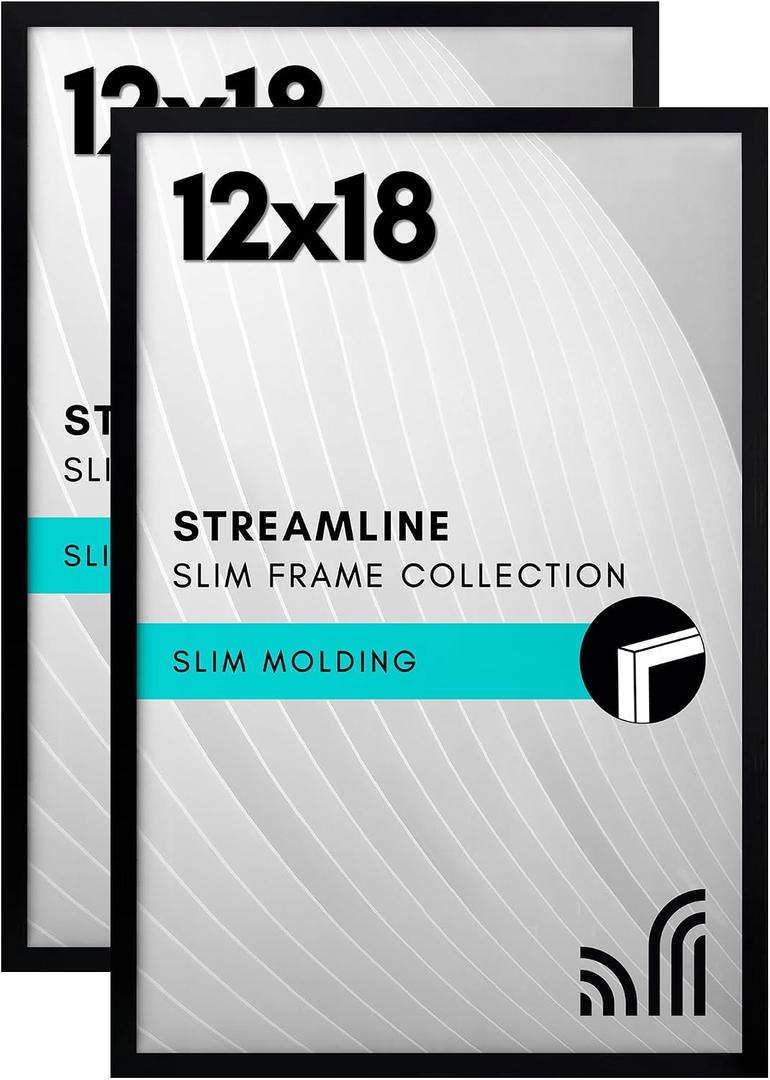 2 x Americanflat 12x18 Poster Frame with Polished Plexiglass - Set of 2 - Streamline Collection - Thin Border Photo Frame for Wall Display - Hanging Hardware Included - Black