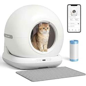 Self Cleaning Litter Box, Integrated Safety Automatic Cat Litter Box Self Cleaning 65L+9L for Multiple Cats, App Control, Odor Removal, Includes Mat & Liner (3 Rolls) - White