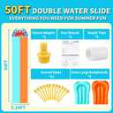 50FT Extra Long Slip Lawn Water Slide for Kids Adults, XXXL Giant Heavy Duty Outdoor Racing Slide Toy with Sprinkler N 2 Inflatable Bodyboards, Double Lane Backyard Summer Play Slip Toy with Crash Pad