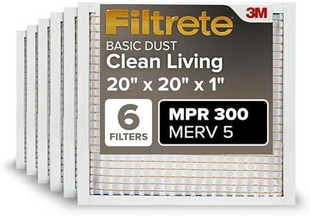Filtrete 20x20x1 AC Furnace Air Filter, MERV 5, MPR 300, Capture Unwanted Particles, 3-Month Pleated 1-Inch Electrostatic Air Cleaning Filter, 6-Pack (Actual Size 19.69x19.69x0.81 in)