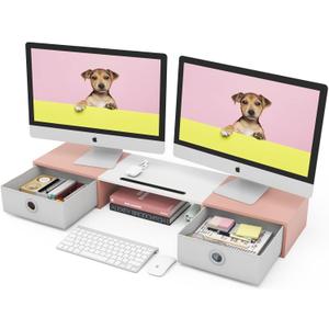WESTREE Dual Monitor Stand Riser with Two Drawers, Extra Large Storage Monitor Stand for 2 Monitors, Desktop Oraganizer Stand for Computer,Laptop,Screen,Printer,TV (Pink)