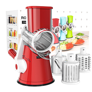 Cambom Rotary Cheese Grater Hand Crank Cheese Shredder for Fresh Cheese, Vegetable, Nuts,Non-slip Suction Base, Free Cleaning Brush Three Blades, Red