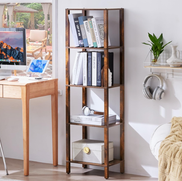 YUFAM 54in Tall Bookshelf 5Tier Small Narrow Bookcase, Skinny Book Shelf for Small Space, Farmhouse Slim Shelf with Storage, Wood Freestanding Display Thin Bookshelves for Living Room, Office, Brown