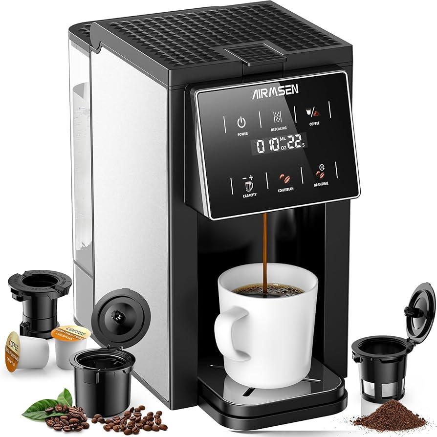 AIRMSEN Grind & Brew Coffee Maker with Built-in Grinder - Single-Serve Machine Compatible with K-Cup Pods & Ground Coffee, 1000W Fast 6-14oz Brew, Descaling Alert, Touchscreen & 50oz Removable Tank