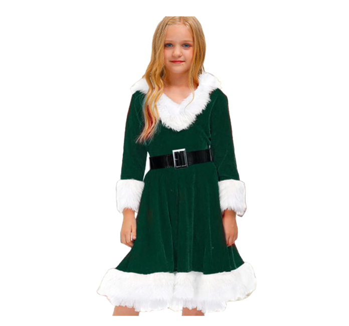 Kid Little Girls Christmas Outfit Santa Claus Velvet Lapel Long Sleeve Dress Princess Party Layered Dresses with Belt (Green, 3-4 Years)