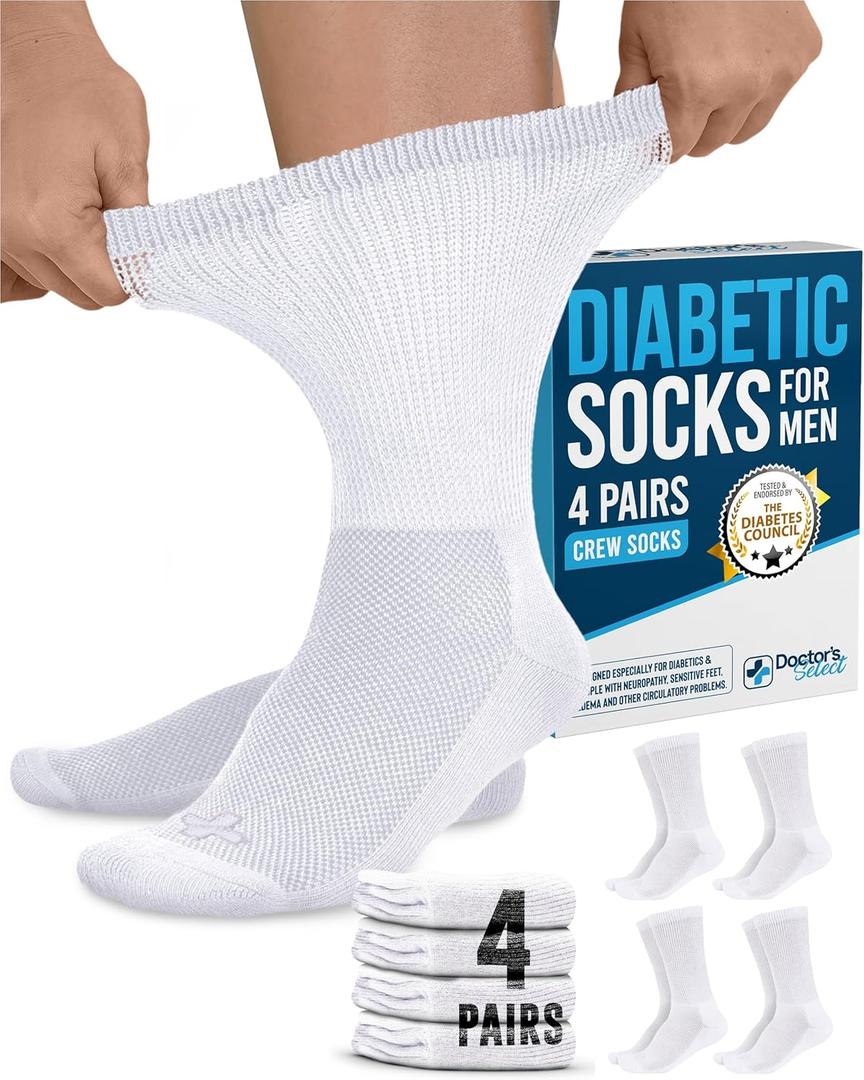 Doctor's Select Diabetic Socks for Men - 4 Pairs Crew Diabetic Neuropathy Socks for Men | Diabetic Socks for Men 9-12 (Medium)
