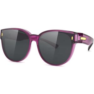 Meeloog Over Glasses Sunglasses for Women Polarized Stylish Large Shades Cover Glass Women Cateye Round UV400 for Driving (Purple Frame Black Lens)
