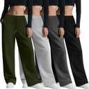 4 Pack Women's Wide Leg Sweatpants, Baggy Straight Elastic Waist Drawstring Multipack Lounge Trousers with Pockets (Large, Army Green, Light Gray, Dark Gray, Black)
