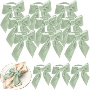 Gandeer 12 Pcs Holiday Napkin Rings Velvet Bow Napkin Buckle Bulk Gift for Wedding Holiday Birthday Party Anniversary Dinner Candlesticks Wine Glasses Dining Table Decoration(Sage Green)
