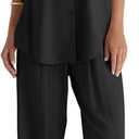BWQ Womens linen 2 Piece Outfits Long Sleeve Button Down Shirt Wide Leg Pants Lounge Set S-2xl (Black, L)