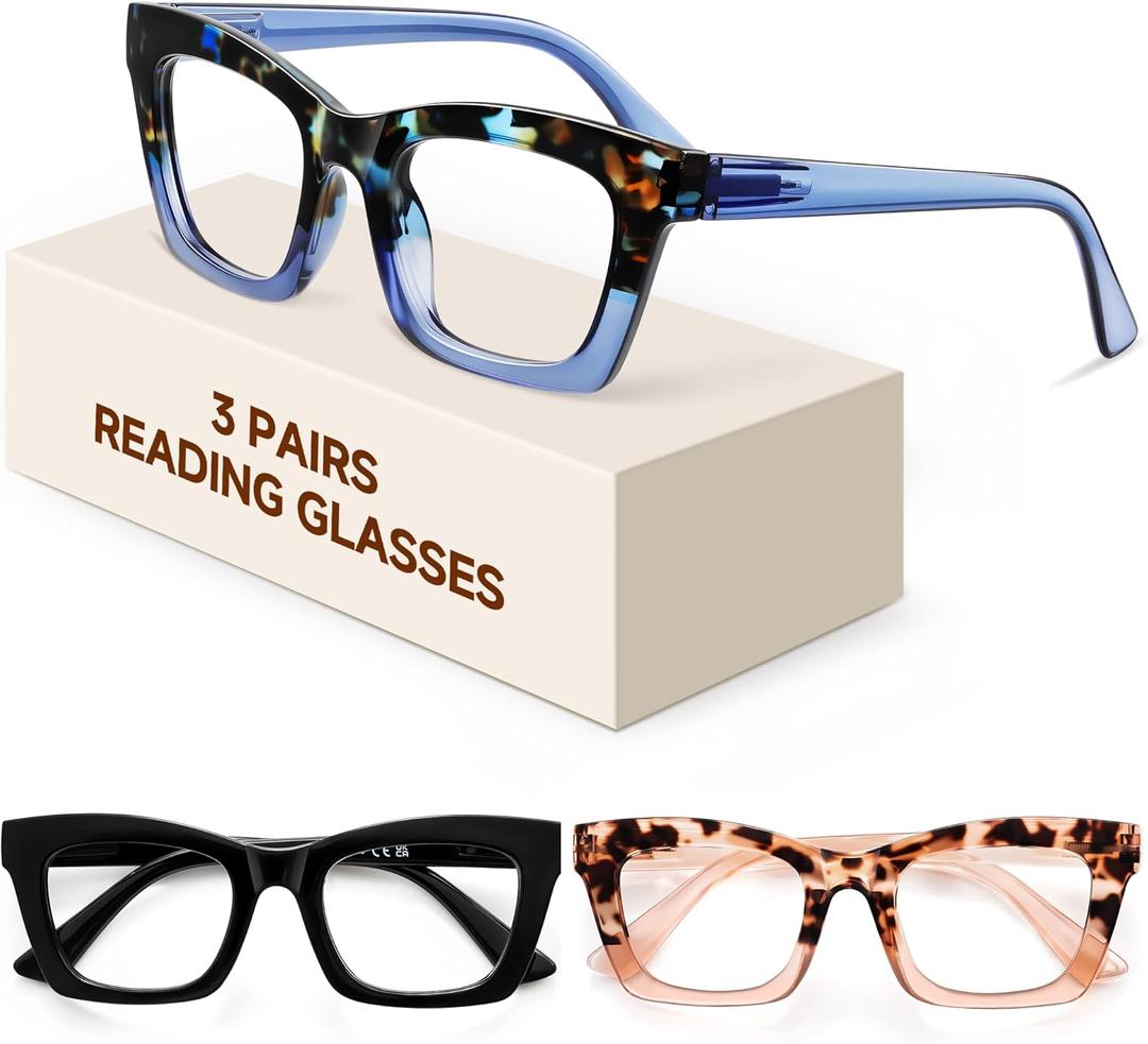 Reading Glasses for Women-3Pack Blue Light Blocking Fashion Readers with Spring Hinge Computer Square Eyeglasses (A01-mix1)