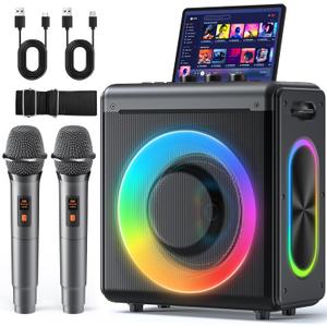 Karaoke Machine with 2 Wireless Rechargeable Microphones: Portable Bluetooth Speaker for Adults & Kids - PA System with Lights Supports TWS/TF Card/USB/AUX for Home Party