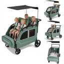 4 Seater Wagon Stroller, Large Quad Wagon for 2 3 4 Kids Baby Toddler Child with Seats, All Terrain, Triple Stroller, Adjustable Push/Pull Handles, Removable Canopy (Green)