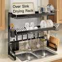 3 Tier Extra Large Stainless Steel Expandable Over The Sink Dish Drainer Drying Rack, Rust Proof Metal, Space Saving, Modern Black Big Capacity Extendable Plate Strainers Above Kitchen Counter, 25.5"-35.5"x11.9"x31.5"