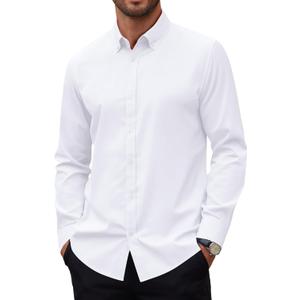 Alimens & Gentle Mens Oxford Shirts Stretch Long Sleeve Dress Shirt for Men Casual Business Work Solid Button Down Shirts (White, XL)