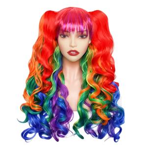 Gvhntk Rainbow Wig with 2 Curly Ponytails Long Curly Cosplay Wig Detachable Pigtails Wigs for Women Halloween Costume Party