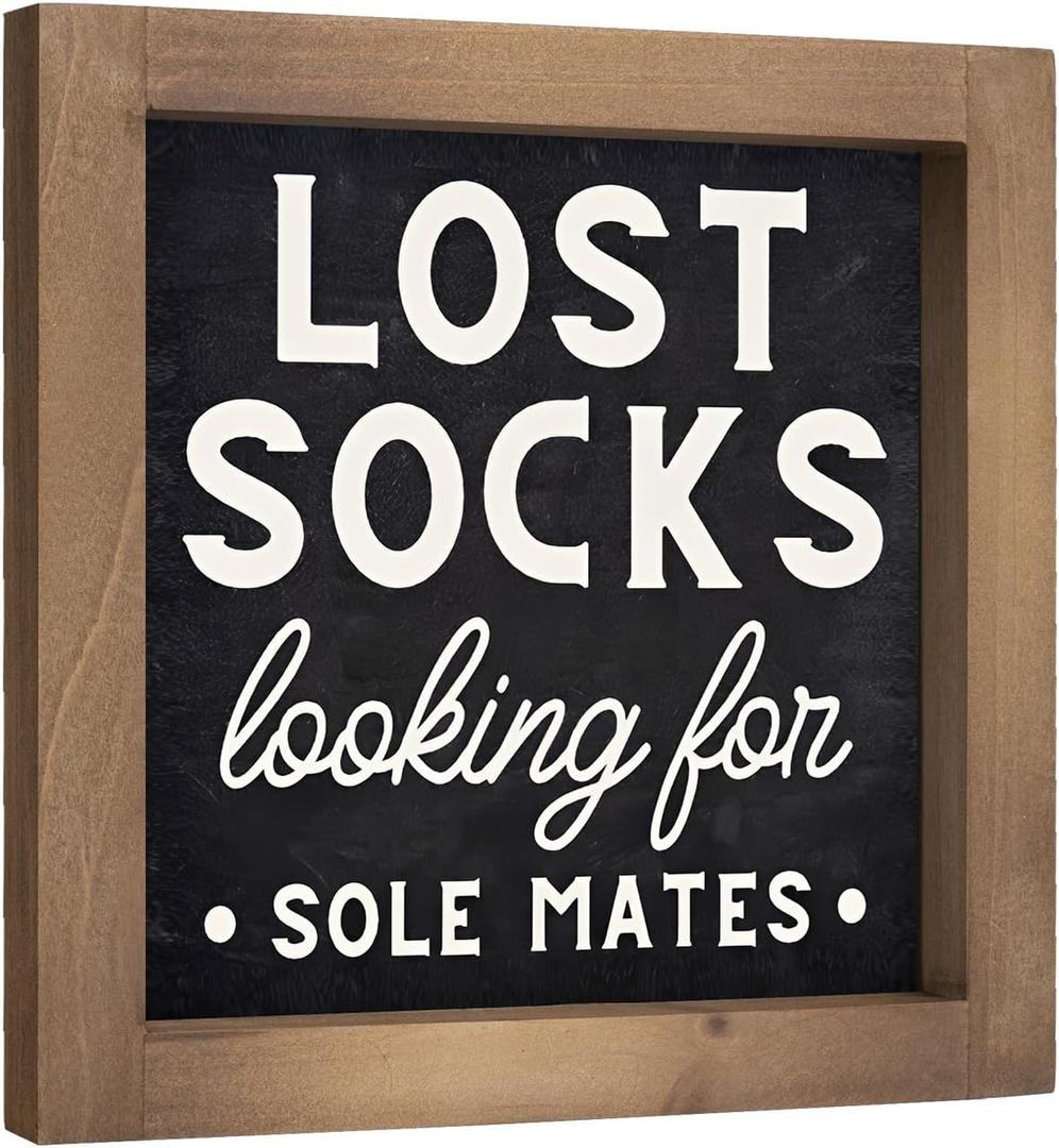 pechpell Lost Socks Laundry Sign, 6 Inch Wooden Funny Laundry Room Signs Wall Decor Art Framed, Rustic Farmhouse Bathroom Shelf Cabinets Table Desk Accessories Home Decorations