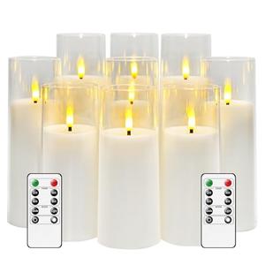 kakoya Flickering Flameless Candles Battery Operated with Remote and 2/4/6/8 H Timer Acrylic Led Pillar Candles Pack of 9 (appr D2.3"xH5.5"6.5"7.5")with Realistic 3D Wick Candles for Home Decor(White)