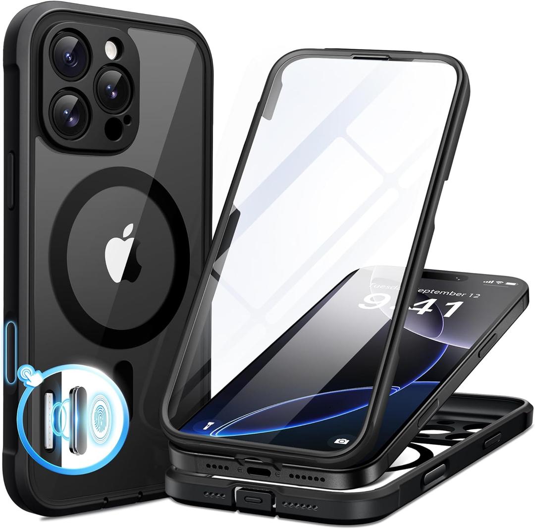 BERFY for iPhone 16 Pro Max Case, Compatible with MagSafe, Built-in Glass Screen Protector, Camera Protection, Shockproof Full Body Phone Case 6.9", Clear Black