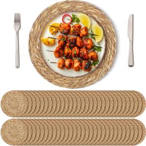 Kochorie Set of 60 Round Woven Placemats 12 Inches Bulrush Placemats Natural Hand-Woven Boho Rattan Placemat Wicker Table Mats Farmhouse Weave Place Mats for Home Dining