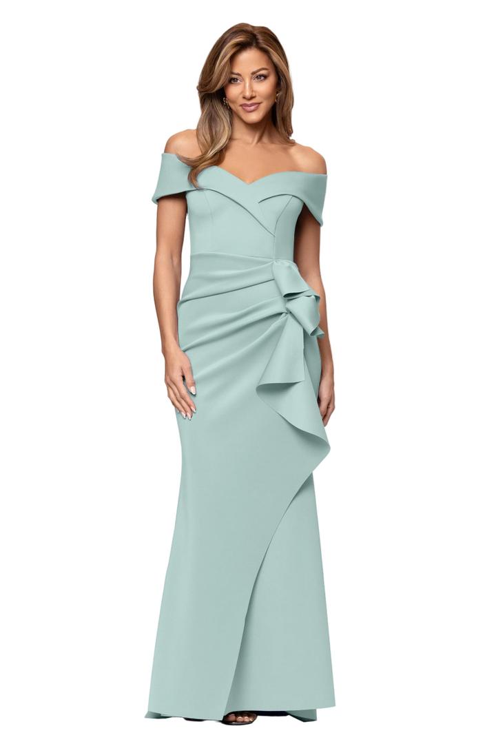 Xscape Women's Sleek Sleeveless V-Neck Gown with Cascading Ruffle and High Slit, Black, 8 (Black)