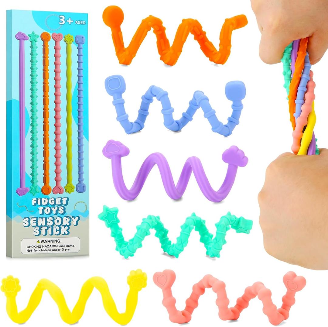 Fidget Toys for Adults Kids, 6 Pcs Sensory Toys for Autism ADHD Flexible Fidget Sticks Stocking Stuffers for Teens Treasure Box Classroom Prizes Party Favors Gifts Calm Down Travel Toys