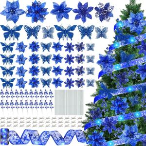XunYee 137 Pcs 5 Styles Christmas Poinsettia Glitter Flowers 3 Styles Hollow Out Butterfly Artificial Berries Kit with Clips, Stems and 32.8 ft Ribbon for Xmas Tree Ornaments Home Decor(Blue)