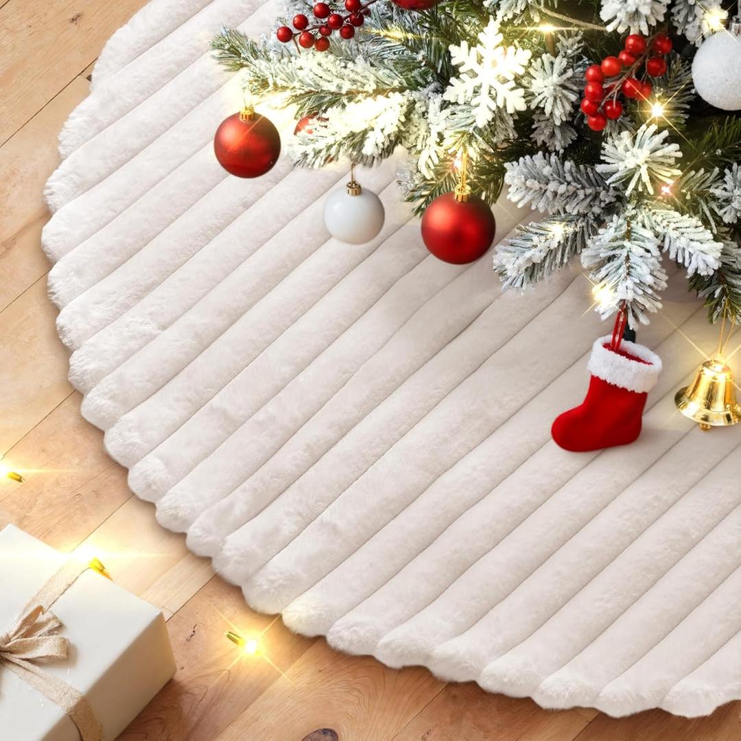 Lanpn Christmas Tree Skirt 36 inch, Faux Fur Xmas Tree Skirt Plush Winter Christmas Tree Mat for Large Artificial Trees Winter Home Party Holiday Indoor Xmas Decorations (White, 90cm)