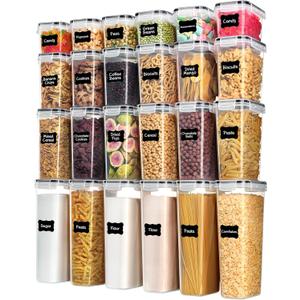 Airtight Food Storage Containers with Lids, Vtopmart 24 pcs Plastic Kitchen and Pantry Organization Canisters for Cereal, Dry Food, Flour and Sugar, BPA Free, Includes 24 LabelsBlack, Tall, Large, Medium, Small