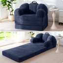 MAXYOYO Folding Sofa Bed, Floral-Shaped Convertible Floor Sofa Couch with Backrest, 2 in 1 Comfy Lounger Bean Bag Chair with Handle, Floor Single Couch for Living Room Bedroom, Navy