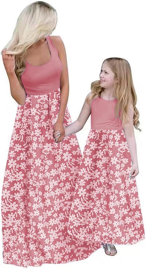 Mommy and Me Family Outfits,Sleeveless Casual Floral Dress with Pockets for Motner's Day (7-8 Years, Pink)