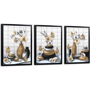 RnnJoile Brown Bathroom Decor Zen Pictures Wall Art Orchid Flower Zen Stone Modern Bathroom Decor Black Frame 12x16 inch each piece