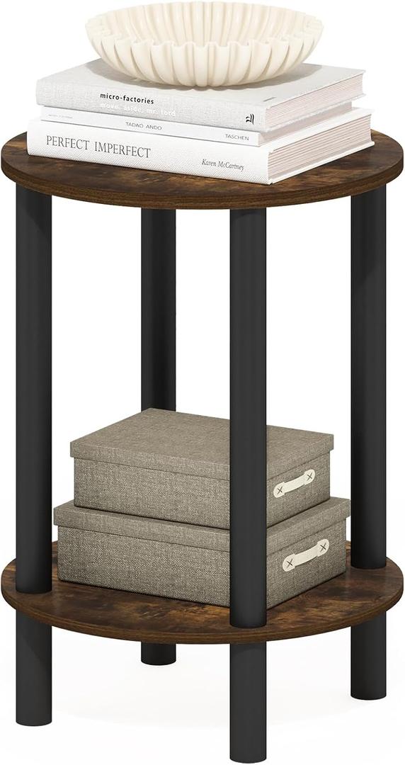 Furinno Turn-N-Tube Side Table, 2-Tier Round End Table, Toolless Assembly Night Stand, Bedside Table with Open Shelf, for Living Room, Bedroom, Amber Pine, 13.2" Wide