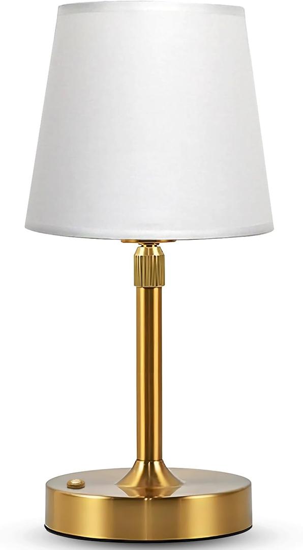 Small Cordless Lamp, Dimmable Rechargeable Table Lamp, 5400mAh Battery Operated, Portable Gold Touch Desk Lamp for Bedside, Kitchen, Counter, White Fabric Shade, E14 2700K Bulb Included