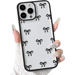NITITOP Compatible with iPhone 16 Pro Case Cute Clear Durable Ribbon Bowknot Pattern for Girls Women Soft TPU Transparent Full Camera Lens Shockproof Protective Phone Cover - Black