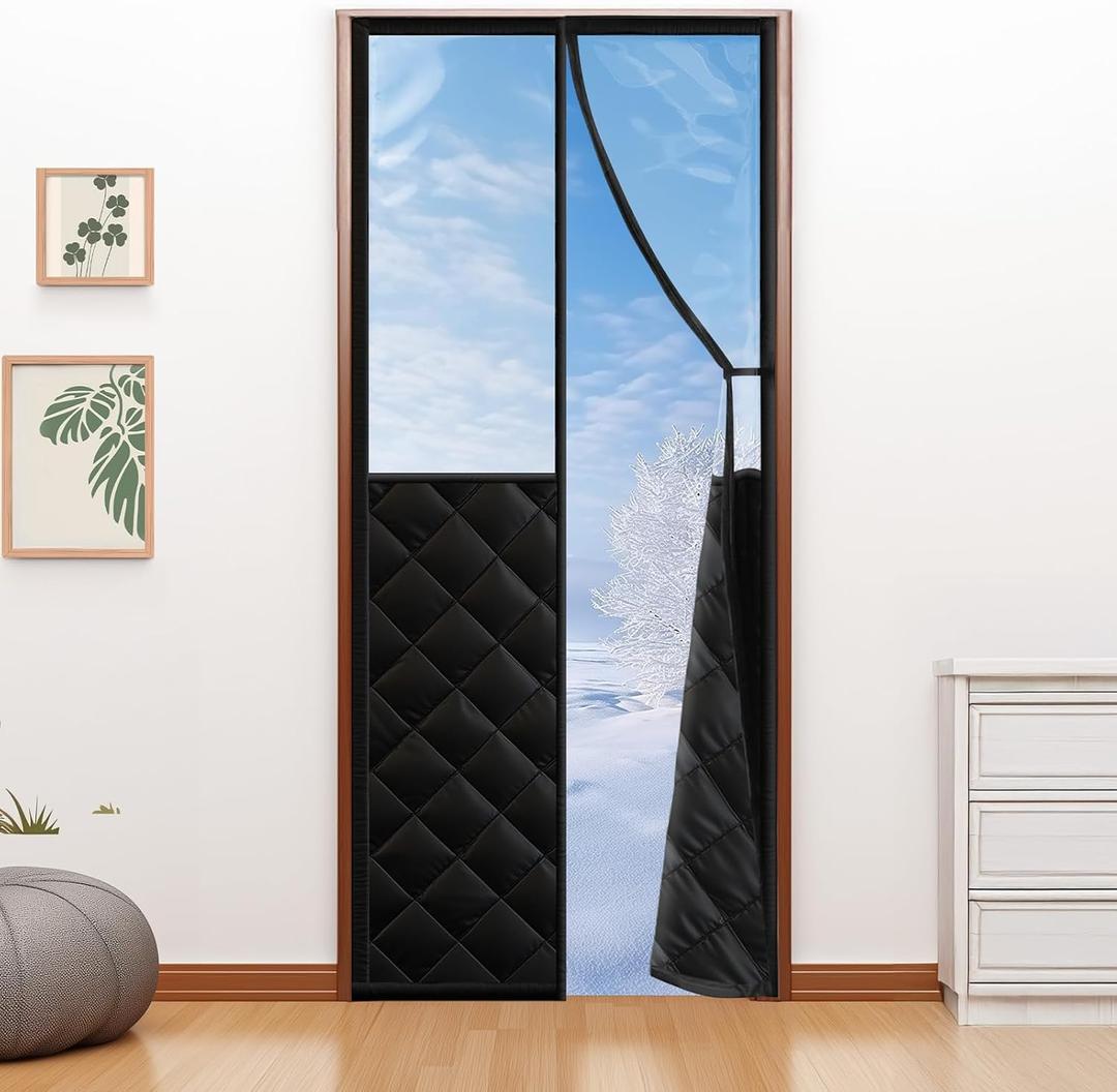 Magnetic Thermal Insulated Door Curtain for 36"x 96" Doors, Visible Door Cover for Heat Insulation, Magnetic Closure Thick Blanket for Doorway to Keep Warm in Winter Cool in Summer (Black + Clear)