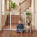Mumeasy 29.7-57" Extra Wide Baby Gate, Auto Close Large Dog Gate for Doorways, No Drilling Pressure Mounted Pet Safety Gate for Stairs, Easy Walk Through Child Gate for Hallways, House, Indoor, White
