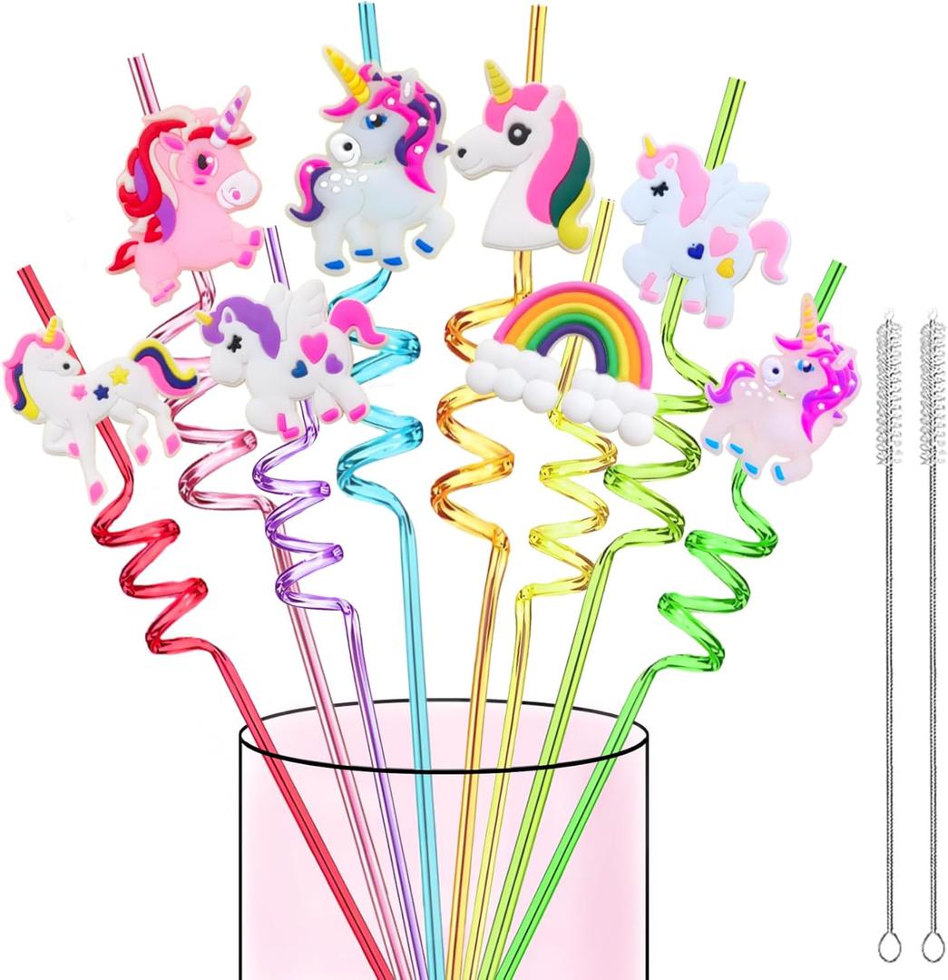 LEDUO 24Pcs Reusable Unicorn Drinking Plastic Straws,Silly Crazy Straws for Kids-Party Supplies-Party Favors Decorations-Rainbow Unicorn Theme Birthday Party Drinking Straw for Girls Boys