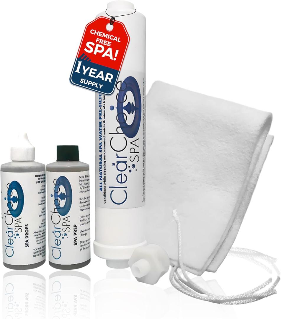 Clear Choice Spa Hot Tub Start Up Kit with Micron Sleeve | Full Year Supply | Includes Spa Drops, Spa Prep, Hose Pre-Filter and Micron Filter Sleeve | Natural Enzyme-Based, Non-Toxic, Hypoallergenic